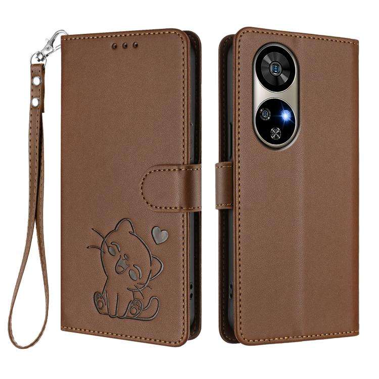 For Ulefone Note 17 Pro Embossed Heart Cat Leather Phone Case with Hand Strap(Brown)