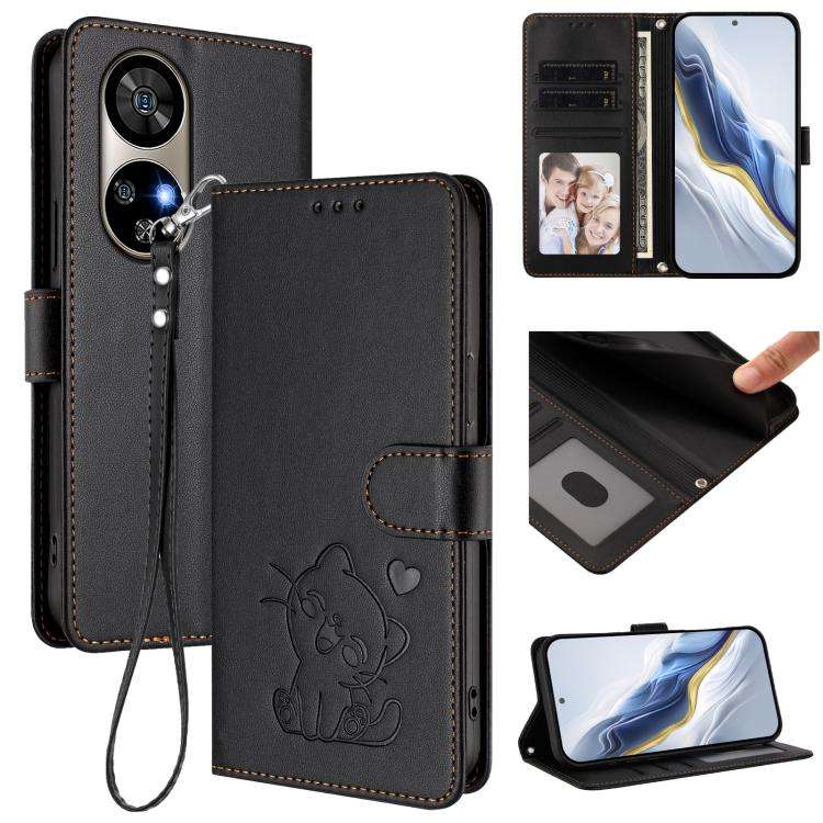 For Ulefone Note 17 Pro Embossed Heart Cat Leather Phone Case with Hand Strap(Black)