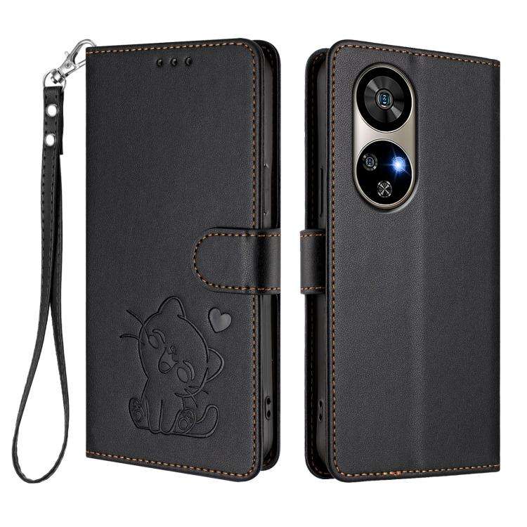 For Ulefone Note 17 Pro Embossed Heart Cat Leather Phone Case with Hand Strap(Black)
