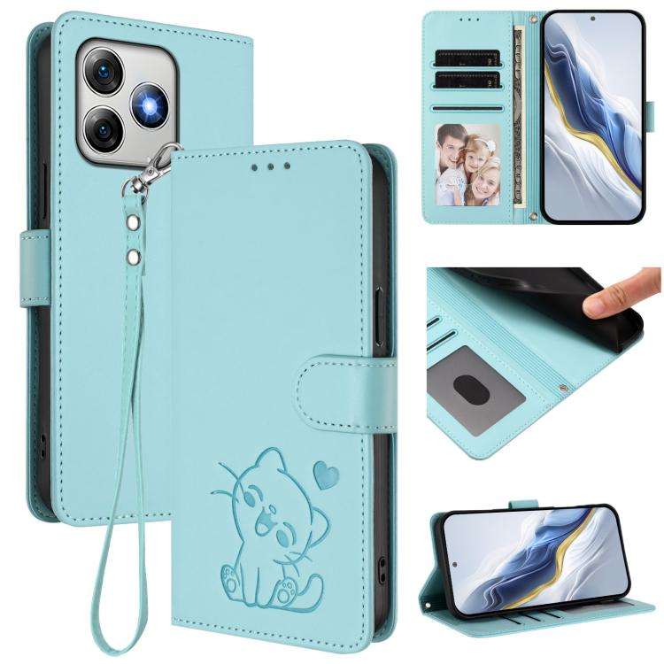 For Ulefone Note 18 Ultra / 18 Pro Embossed Heart Cat Leather Phone Case with Hand Strap(Mint Green)