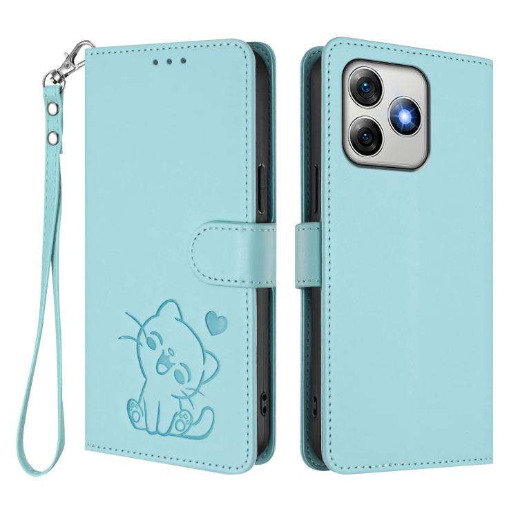 For Ulefone Note 18 Ultra / 18 Pro Embossed Heart Cat Leather Phone Case with Hand Strap(Mint Green)