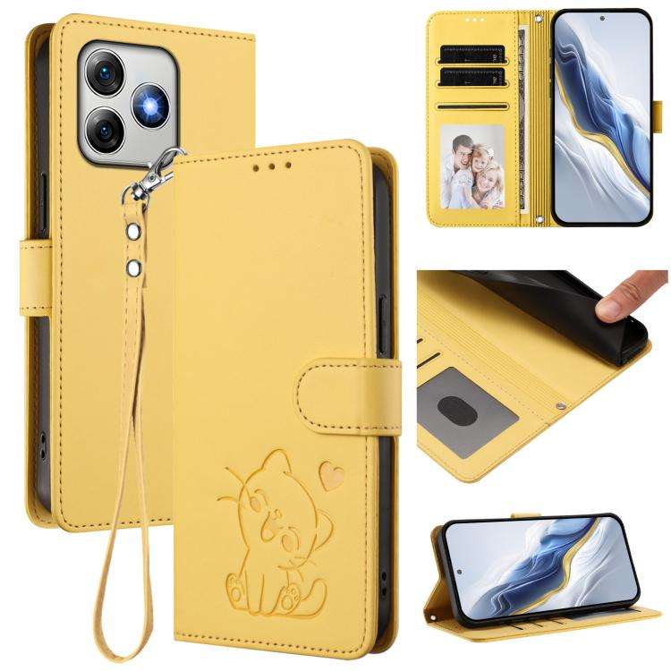 For Ulefone Note 18 Ultra / 18 Pro Embossed Heart Cat Leather Phone Case with Hand Strap(Yellow)