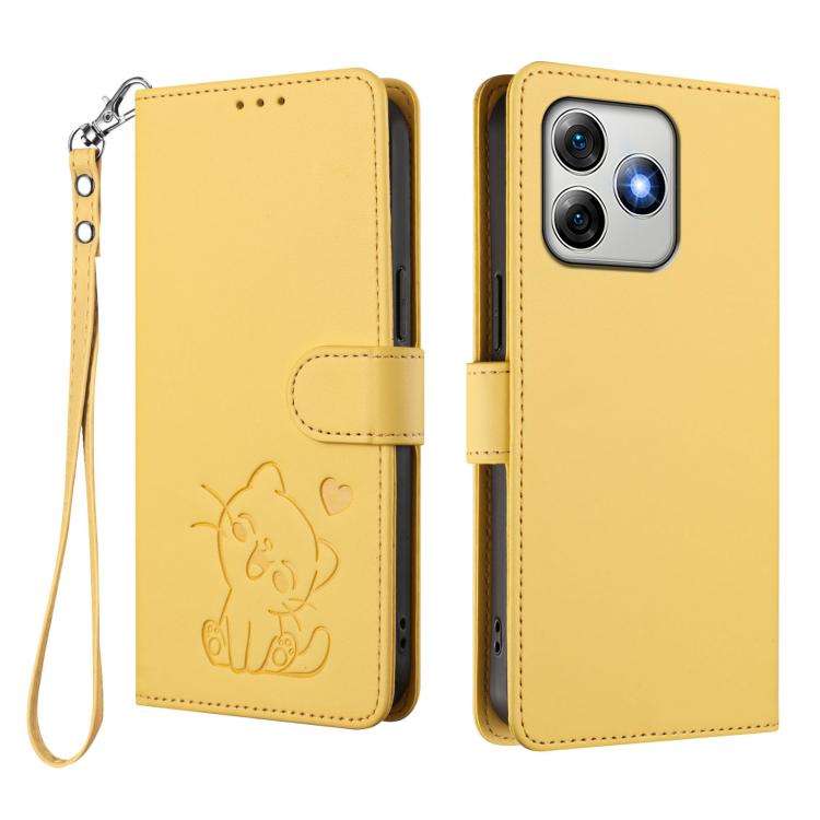 For Ulefone Note 18 Ultra / 18 Pro Embossed Heart Cat Leather Phone Case with Hand Strap(Yellow)