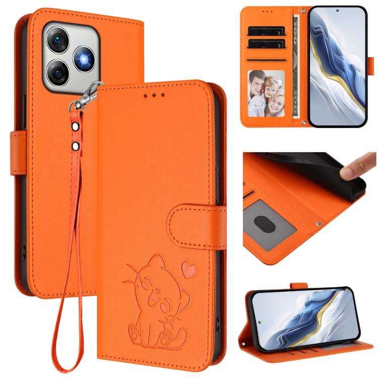 For Ulefone Note 18 Ultra / 18 Pro Embossed Heart Cat Leather Phone Case with Hand Strap(Orange)