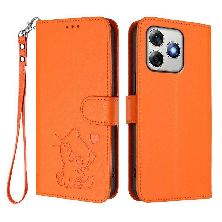 For Ulefone Note 18 Ultra / 18 Pro Embossed Heart Cat Leather Phone Case with Hand Strap(Orange)