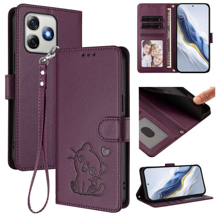 For Ulefone Note 18 Ultra / 18 Pro Embossed Heart Cat Leather Phone Case with Hand Strap(Dark Pur...