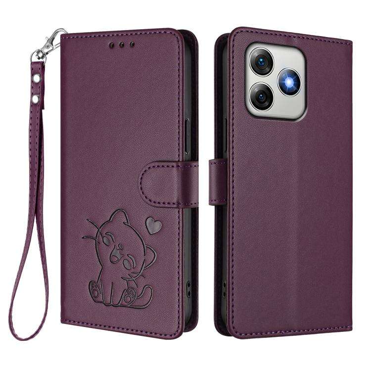 For Ulefone Note 18 Ultra / 18 Pro Embossed Heart Cat Leather Phone Case with Hand Strap(Dark Pur...