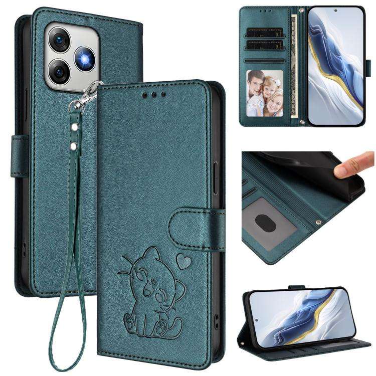 For Ulefone Note 18 Ultra / 18 Pro Embossed Heart Cat Leather Phone Case with Hand Strap(Dark Green)