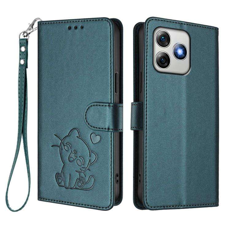 For Ulefone Note 18 Ultra / 18 Pro Embossed Heart Cat Leather Phone Case with Hand Strap(Dark Green)