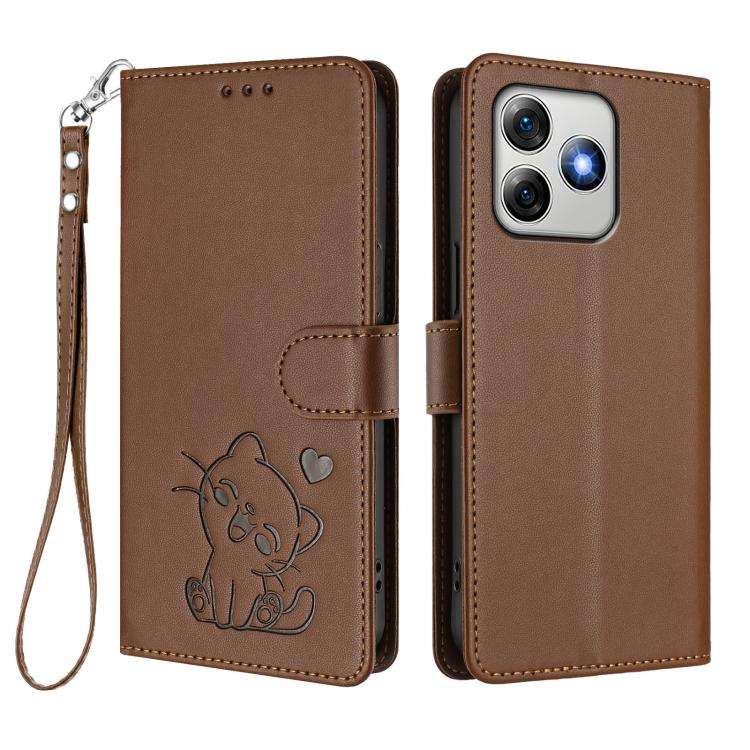 For Ulefone Note 18 Ultra / 18 Pro Embossed Heart Cat Leather Phone Case with Hand Strap(Brown)