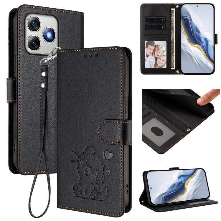 For Ulefone Note 18 Ultra / 18 Pro Embossed Heart Cat Leather Phone Case with Hand Strap(Black)