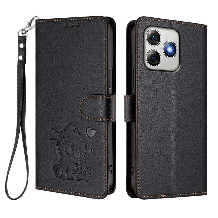 For Ulefone Note 18 Ultra / 18 Pro Embossed Heart Cat Leather Phone Case with Hand Strap(Black)