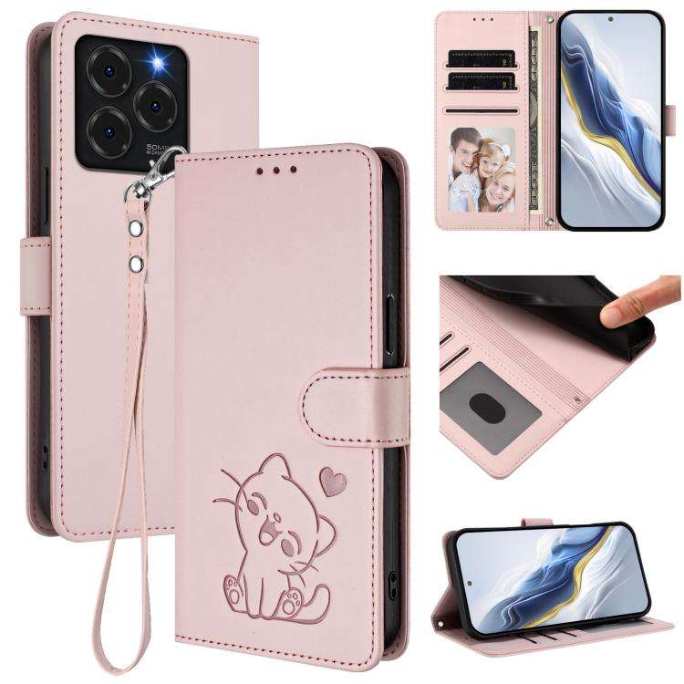 For Ulefone Note 20 Pro Embossed Heart Cat Leather Phone Case with Hand Strap(Pink)