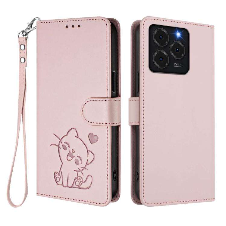 For Ulefone Note 20 Pro Embossed Heart Cat Leather Phone Case with Hand Strap(Pink)