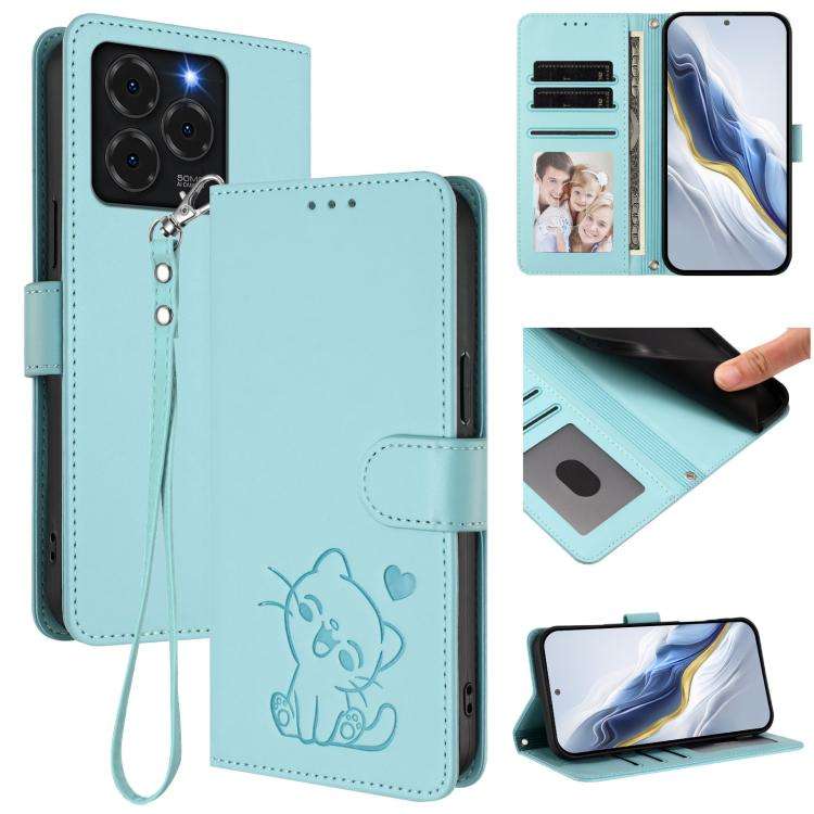 For Ulefone Note 20 Pro Embossed Heart Cat Leather Phone Case with Hand Strap(Mint Green)