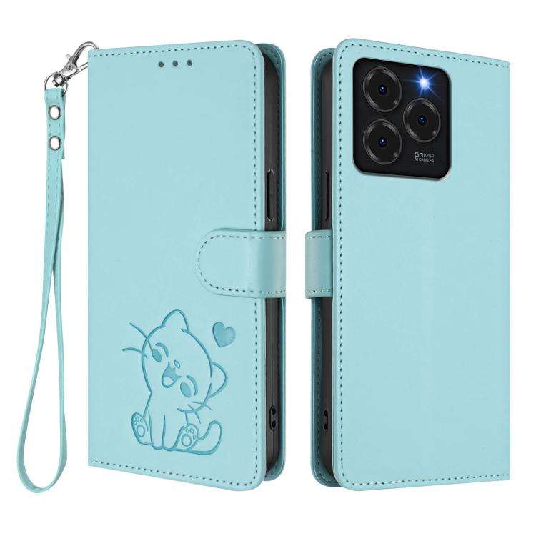 For Ulefone Note 20 Pro Embossed Heart Cat Leather Phone Case with Hand Strap(Mint Green)