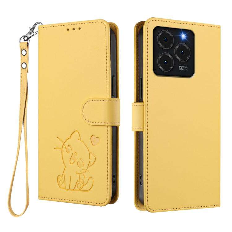 For Ulefone Note 20 Pro Embossed Heart Cat Leather Phone Case with Hand Strap(Yellow)