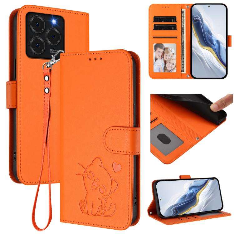 For Ulefone Note 20 Pro Embossed Heart Cat Leather Phone Case with Hand Strap(Orange)