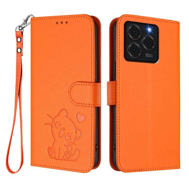 For Ulefone Note 20 Pro Embossed Heart Cat Leather Phone Case with Hand Strap(Orange)