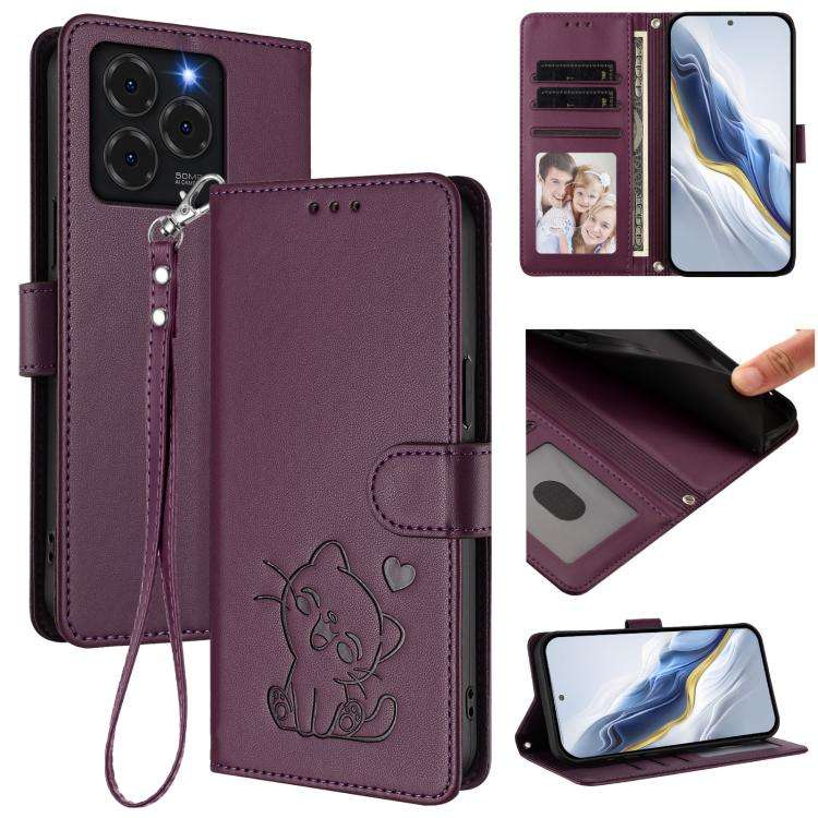 For Ulefone Note 20 Pro Embossed Heart Cat Leather Phone Case with Hand Strap(Dark Purple)