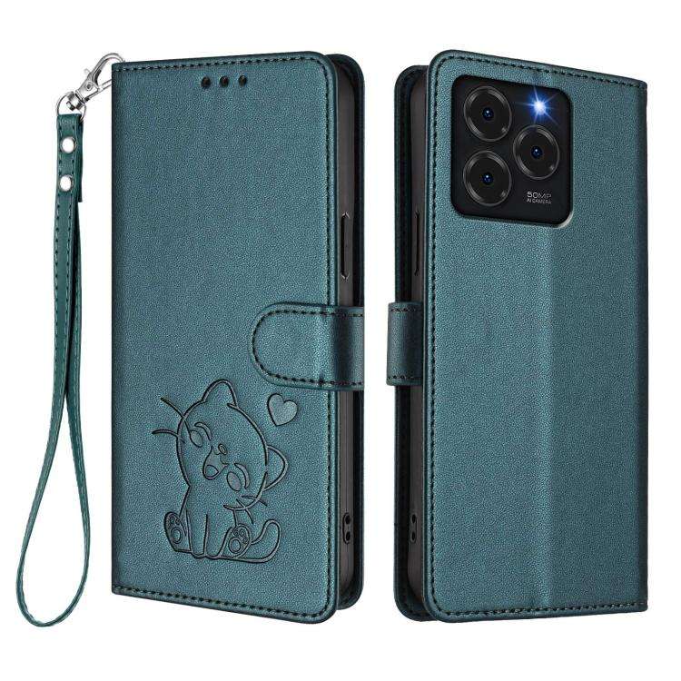 For Ulefone Note 20 Pro Embossed Heart Cat Leather Phone Case with Hand Strap(Dark Green)