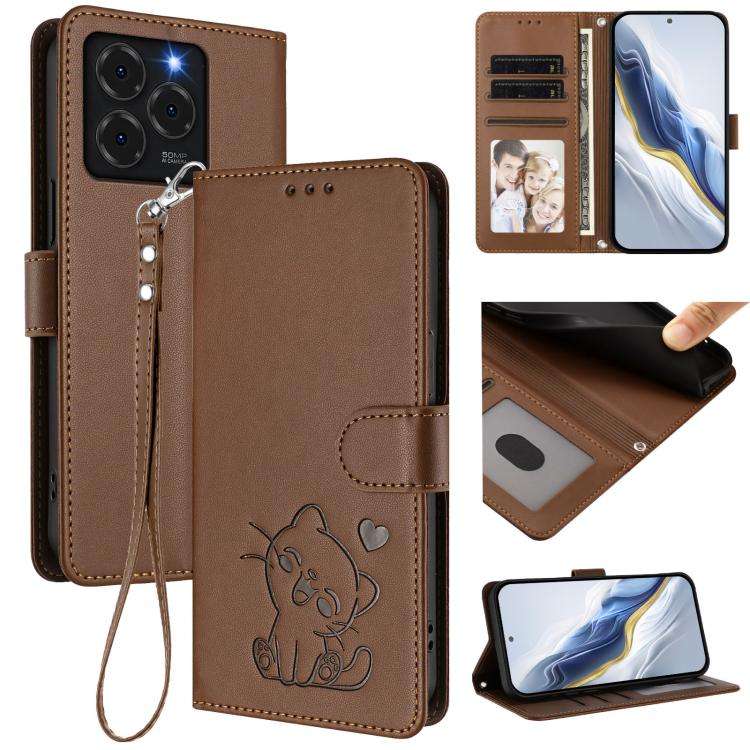 For Ulefone Note 20 Pro Embossed Heart Cat Leather Phone Case with Hand Strap(Brown)