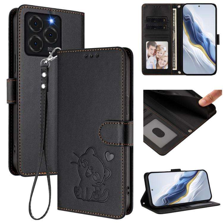 For Ulefone Note 20 Pro Embossed Heart Cat Leather Phone Case with Hand Strap(Black)
