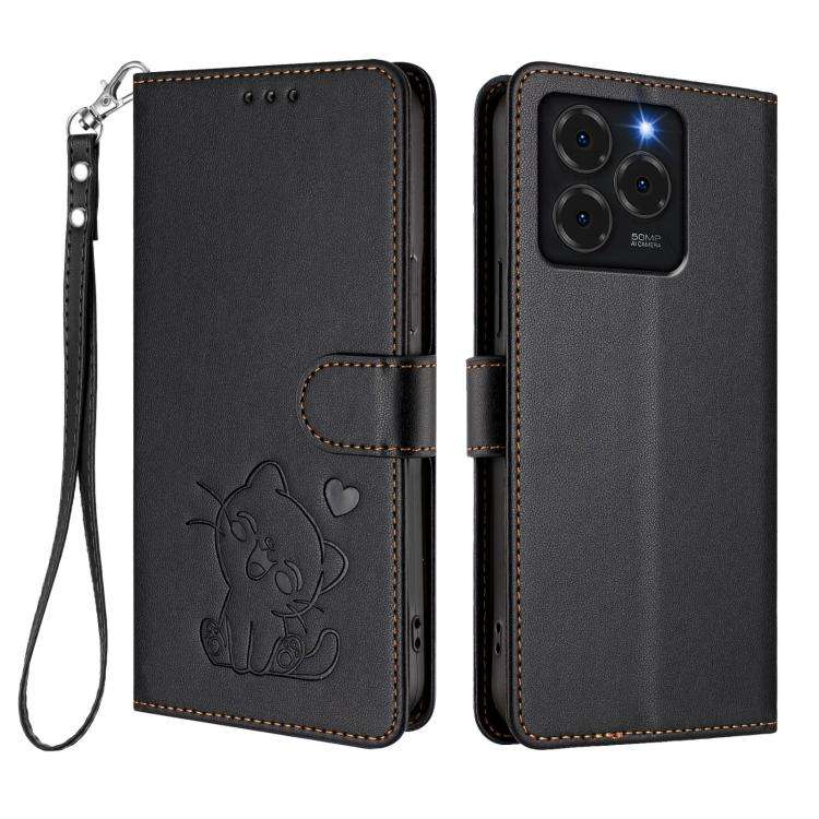 For Ulefone Note 20 Pro Embossed Heart Cat Leather Phone Case with Hand Strap(Black)