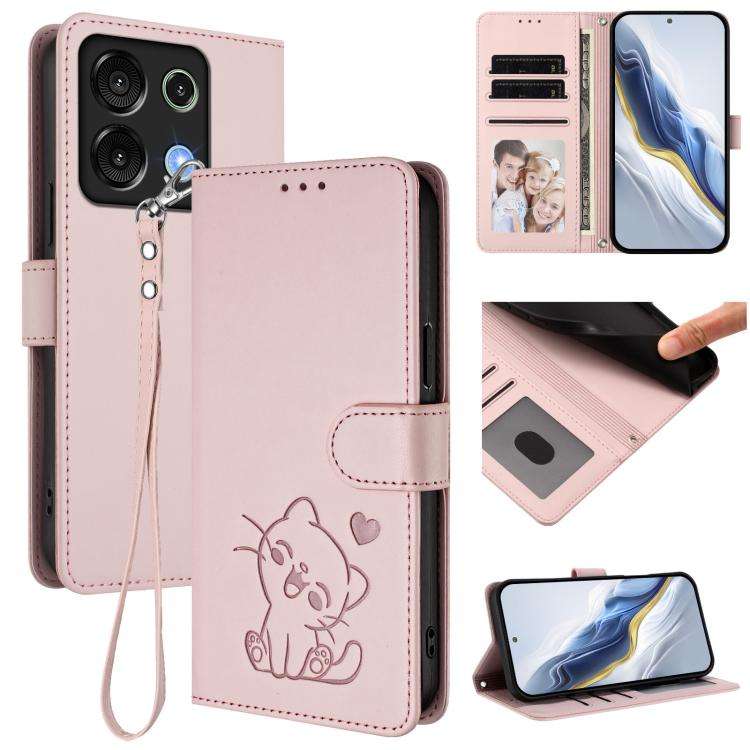 For Umidigi G9 5G / Note 9 5G Embossed Heart Cat Leather Phone Case with Hand Strap(Pink)