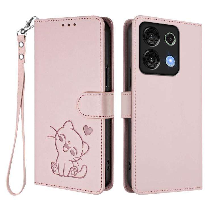 For Umidigi G9 5G / Note 9 5G Embossed Heart Cat Leather Phone Case with Hand Strap(Pink)