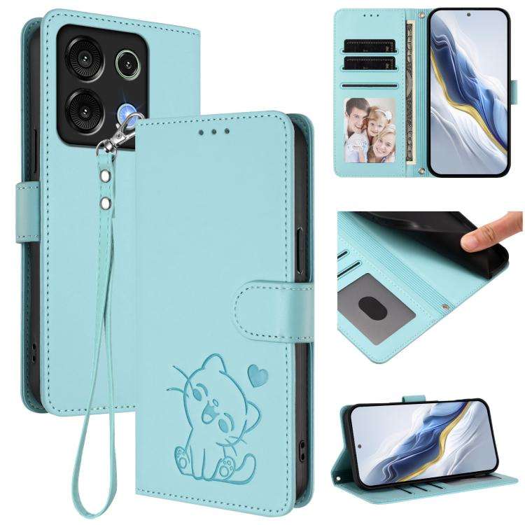 For Umidigi G9 5G / Note 9 5G Embossed Heart Cat Leather Phone Case with Hand Strap(Mint Green)
