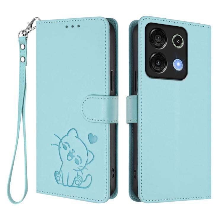 For Umidigi G9 5G / Note 9 5G Embossed Heart Cat Leather Phone Case with Hand Strap(Mint Green)