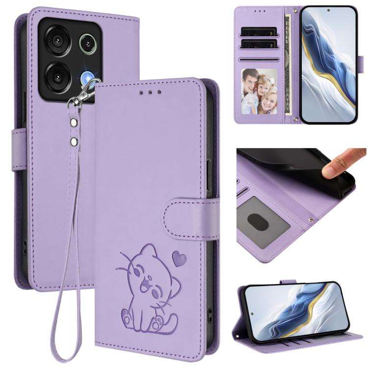 For Umidigi G9 5G / Note 9 5G Embossed Heart Cat Leather Phone Case with Hand Strap(Light Purple)