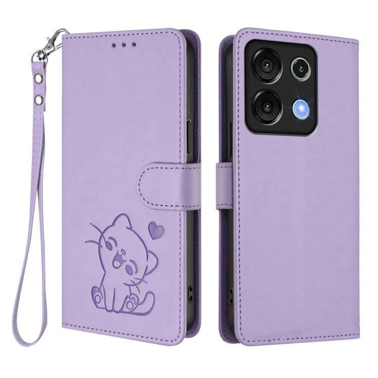 For Umidigi G9 5G / Note 9 5G Embossed Heart Cat Leather Phone Case with Hand Strap(Light Purple)