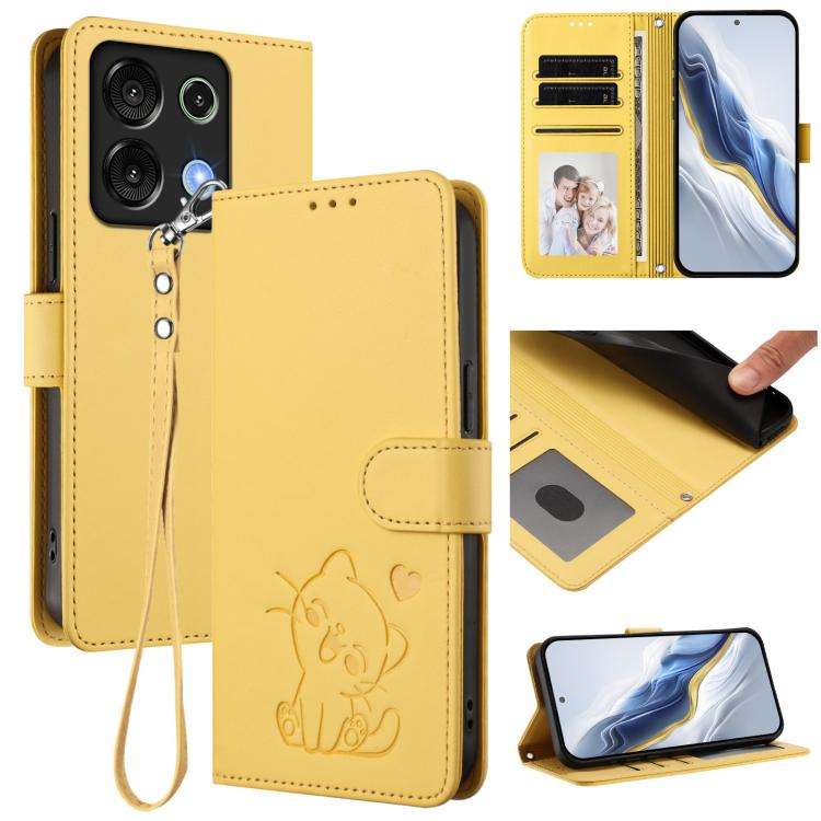 For Umidigi G9 5G / Note 9 5G Embossed Heart Cat Leather Phone Case with Hand Strap(Yellow)