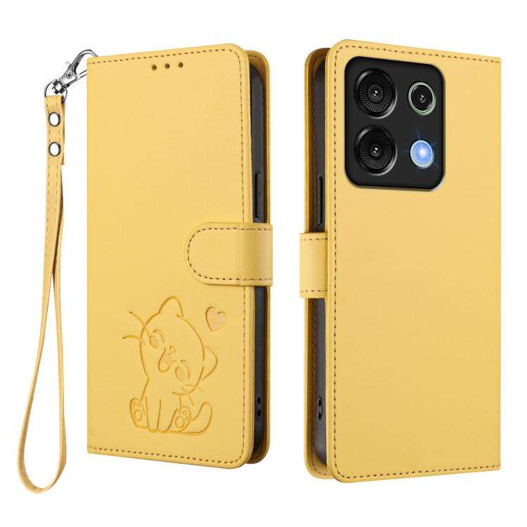 For Umidigi G9 5G / Note 9 5G Embossed Heart Cat Leather Phone Case with Hand Strap(Yellow)