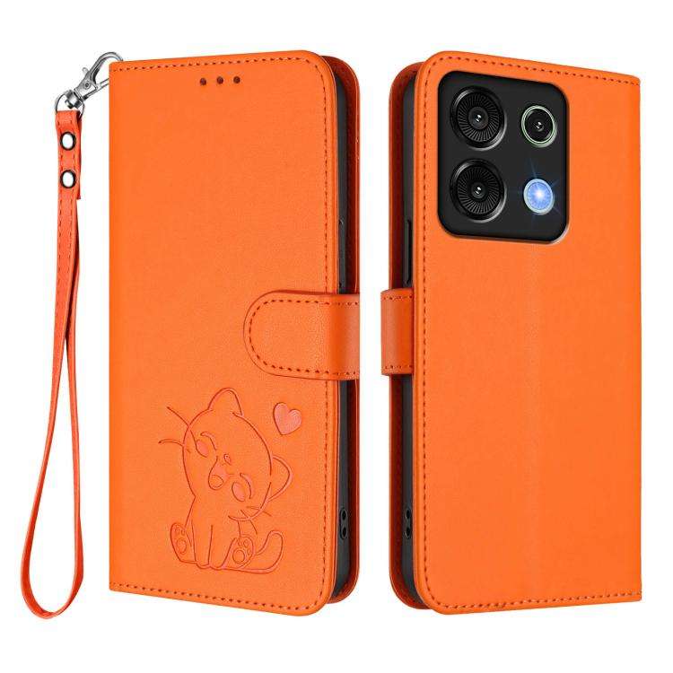 For Umidigi G9 5G / Note 9 5G Embossed Heart Cat Leather Phone Case with Hand Strap(Orange)
