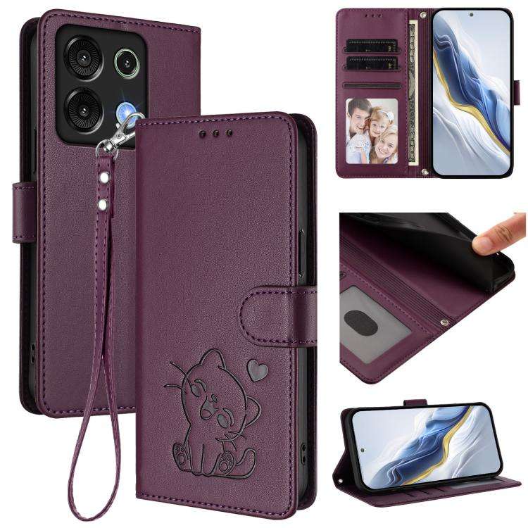 For Umidigi G9 5G / Note 9 5G Embossed Heart Cat Leather Phone Case with Hand Strap(Dark Purple)