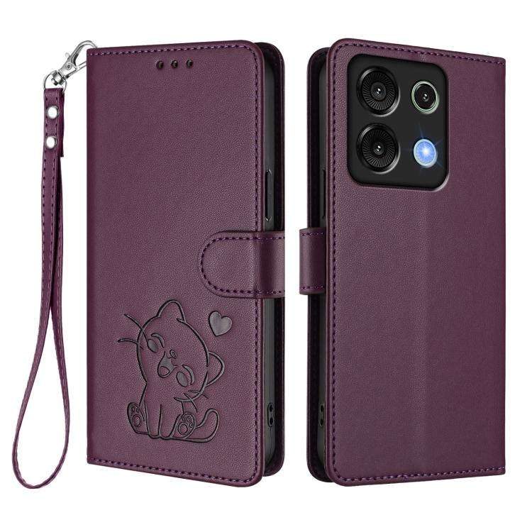 For Umidigi G9 5G / Note 9 5G Embossed Heart Cat Leather Phone Case with Hand Strap(Dark Purple)