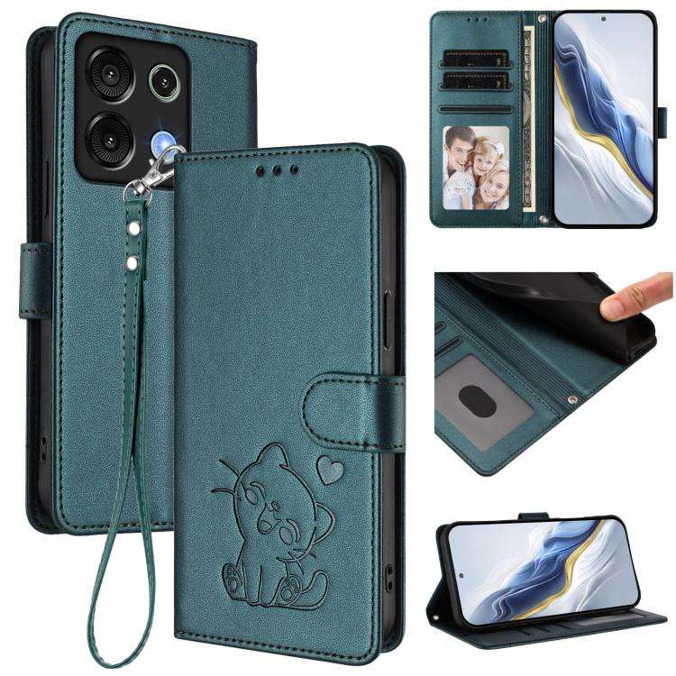 For Umidigi G9 5G / Note 9 5G Embossed Heart Cat Leather Phone Case with Hand Strap(Dark Green)