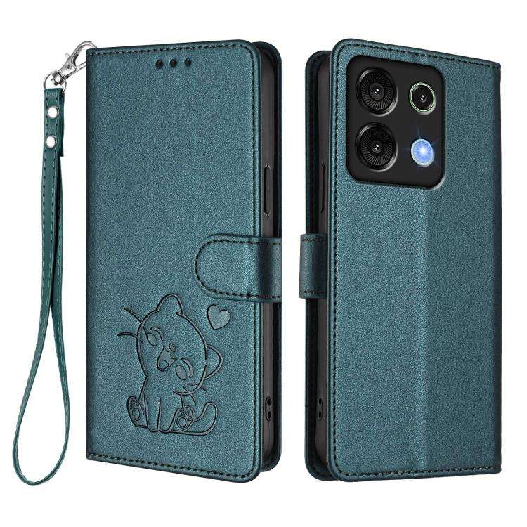 For Umidigi G9 5G / Note 9 5G Embossed Heart Cat Leather Phone Case with Hand Strap(Dark Green)
