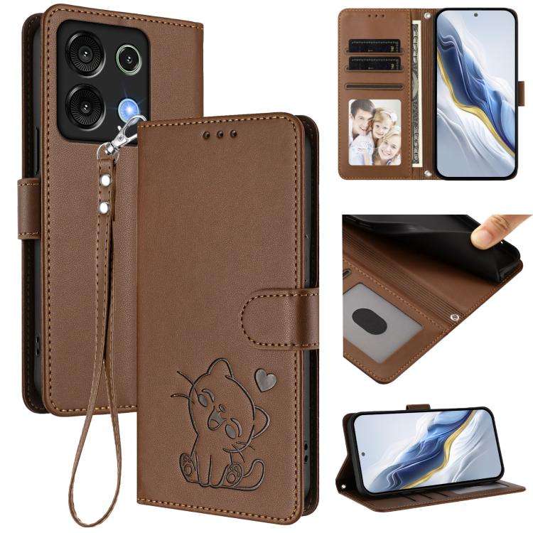 For Umidigi G9 5G / Note 9 5G Embossed Heart Cat Leather Phone Case with Hand Strap(Brown)