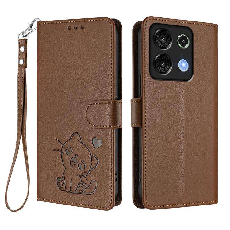 For Umidigi G9 5G / Note 9 5G Embossed Heart Cat Leather Phone Case with Hand Strap(Brown)