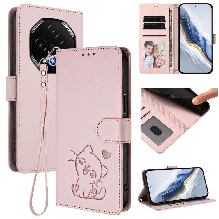 For Umidigi G100 Pro Embossed Heart Cat Leather Phone Case with Hand Strap(Pink)