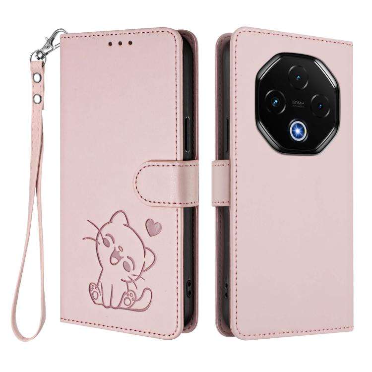 For Umidigi G100 Pro Embossed Heart Cat Leather Phone Case with Hand Strap(Pink)