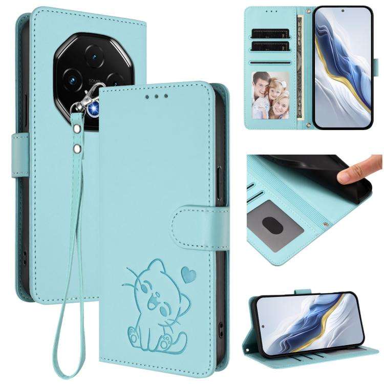 For Umidigi G100 Pro Embossed Heart Cat Leather Phone Case with Hand Strap(Mint Green)