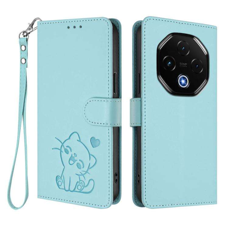 For Umidigi G100 Pro Embossed Heart Cat Leather Phone Case with Hand Strap(Mint Green)