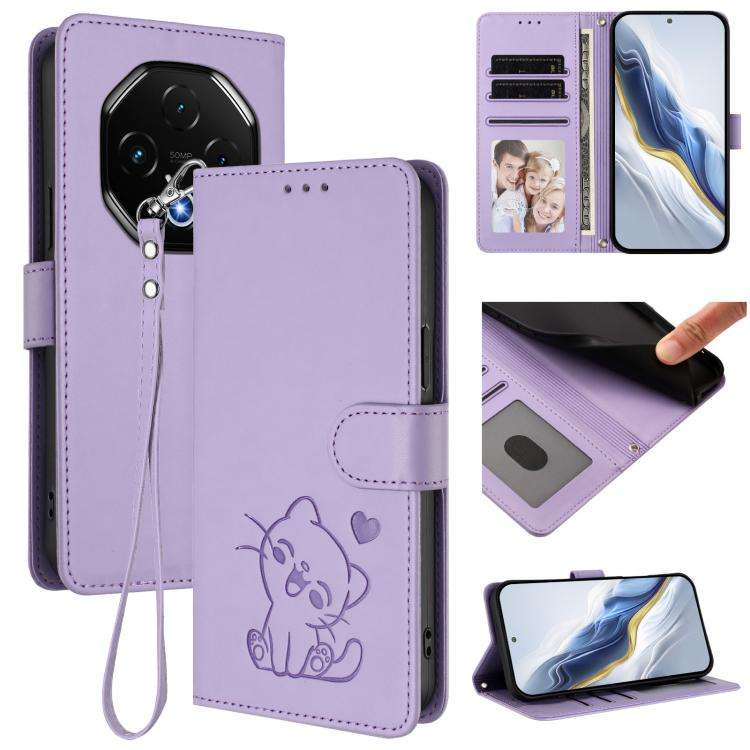 For Umidigi G100 Pro Embossed Heart Cat Leather Phone Case with Hand Strap(Light Purple)