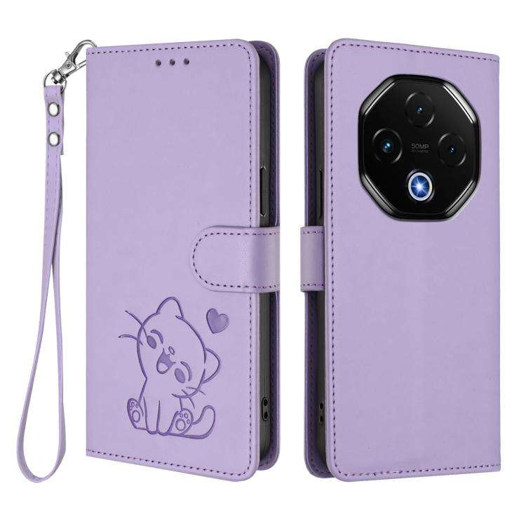 For Umidigi G100 Pro Embossed Heart Cat Leather Phone Case with Hand Strap(Light Purple)