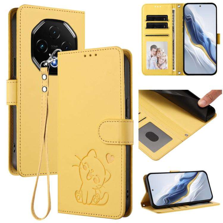 For Umidigi G100 Pro Embossed Heart Cat Leather Phone Case with Hand Strap(Yellow)
